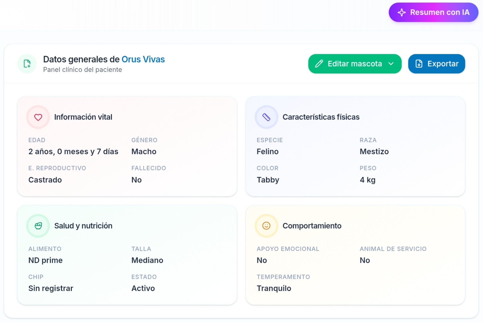 Panel clínico del paciente en SnapVet